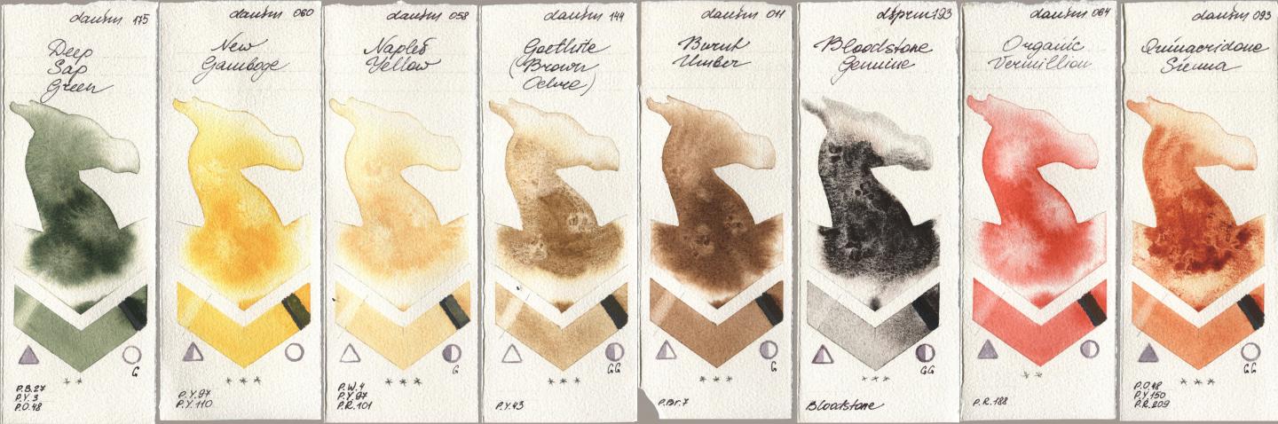 Daniel Smith 175 Deep Sap Green, 060 New Gamboge, 058 Naples Yellow, 144 Goethite (Brown Ochre), 011 Burnt Umber, 193 Bloodstone Genuine, 064 Organic Vermilion, 093 Quinacridone Sien watercolor swatch