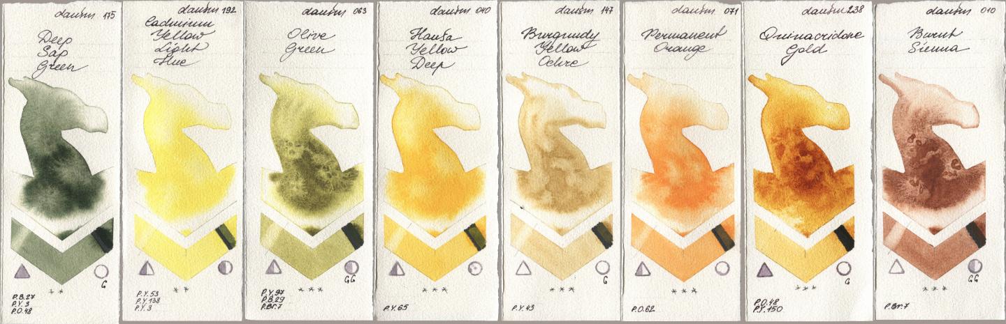 Daniel Smith 175 Deep Sap Green, 192 Cadmium Yellow Light Hue, 063 Olive Green, 040 Hansa Yellow Deep, 147 Burgundy Yellow Ochre, 071 Permanent Orange, 238 Quinacridone Gold, 010 Burnt Sien watercolor swatch