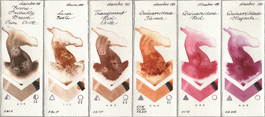 Daniel Smith 178 Enviro-Friendly Brown Iron Oxide, 050 Lunar Earth, 130 Transparent Red Oxide, 093 Quinacridone Sienna, 091 Quinacridone Red, 090 Quinacridone Magen watercolor swatch
