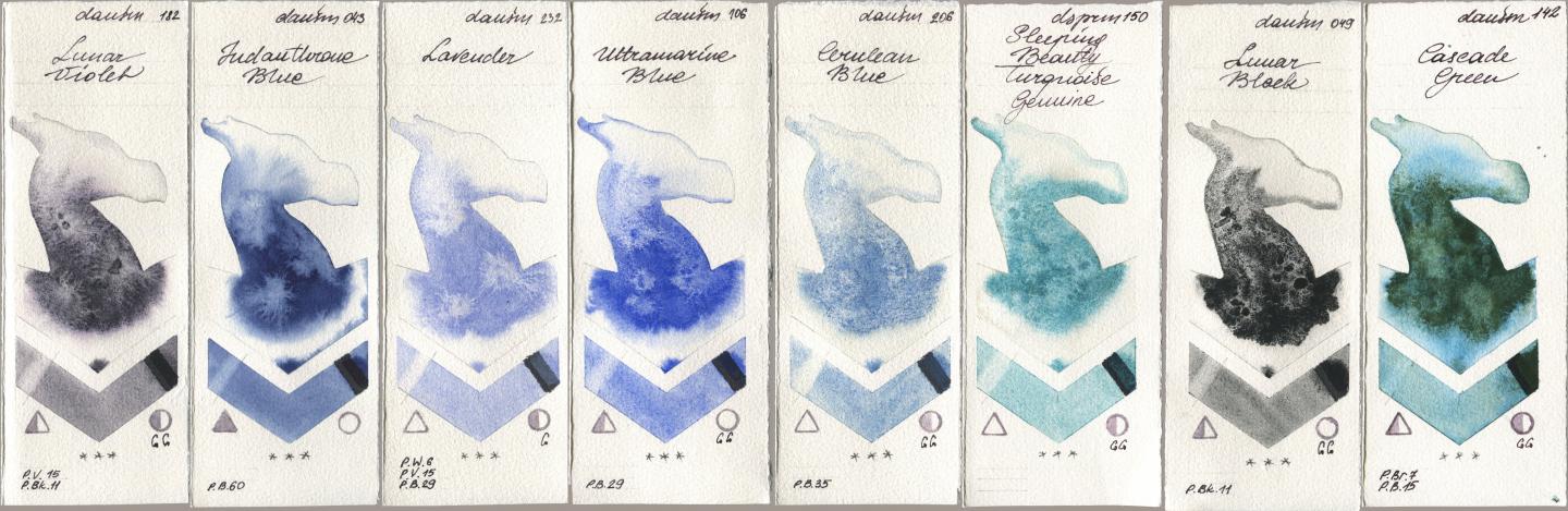 Daniel Smith 182 Lunar Violet, 043 Indanthrone Blue, 232 Lavender, 106 Ultramarine Blue, 206 Cerulean Blue, 150 Sleeping Beauty Turquoise Genuine, 049 Lunar Black, 142 Cascade Gre watercolor swatch