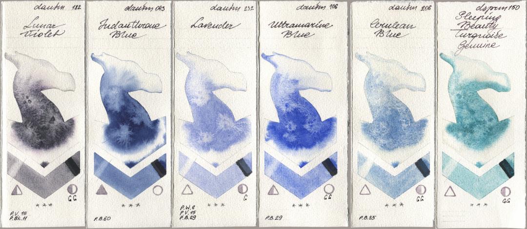 Daniel Smith 182 Lunar Violet, 043 Indanthrone Blue, 232 Lavender, 106 Ultramarine Blue, 206 Cerulean Blue, 150 Sleeping Beauty Turquoise Genui watercolor swatch