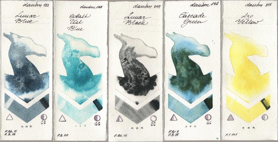 Daniel Smith 183 Lunar Blue, 028 Cobalt Teal Blue, 049 Lunar Black, 142 Cascade Green, 215 Azo Yell watercolor swatch