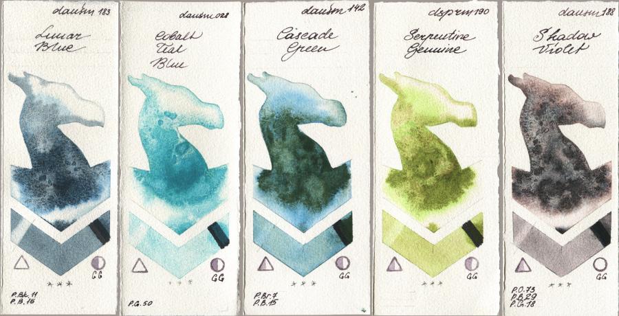 Daniel Smith 183 Lunar Blue, 028 Cobalt Teal Blue, 142 Cascade Green, 190 Serpentine Genuine, 188 Shadow Viol watercolor swatch