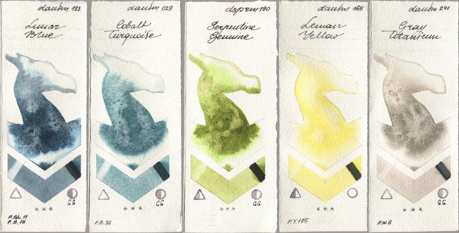Daniel Smith 183 Lunar Blue, 029 Cobalt Turquoise, 190 Serpentine Genuine, 165 Lemon Yellow, 241 Gray Titani watercolor swatch