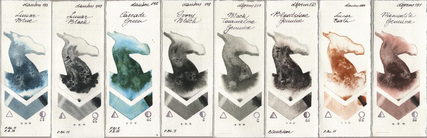 Daniel Smith 183 Lunar Blue, 049 Lunar Black, 142 Cascade Green, 048 Ivory Black, 207 Black Tourmaline Genuine, 193 Bloodstone Genuine, 050 Lunar Earth, 191 Piemontite Genui watercolor swatch