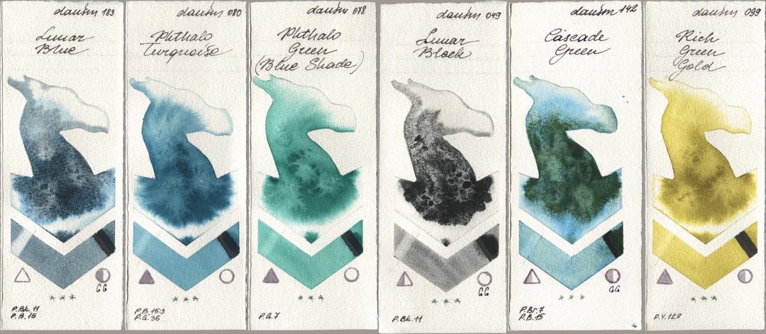 Daniel Smith 183 Lunar Blue, 080 Phthalo Turquoise, 078 Phthalo Green (Blue Shade), 049 Lunar Black, 142 Cascade Green, 099 Rich Green Go watercolor swatch