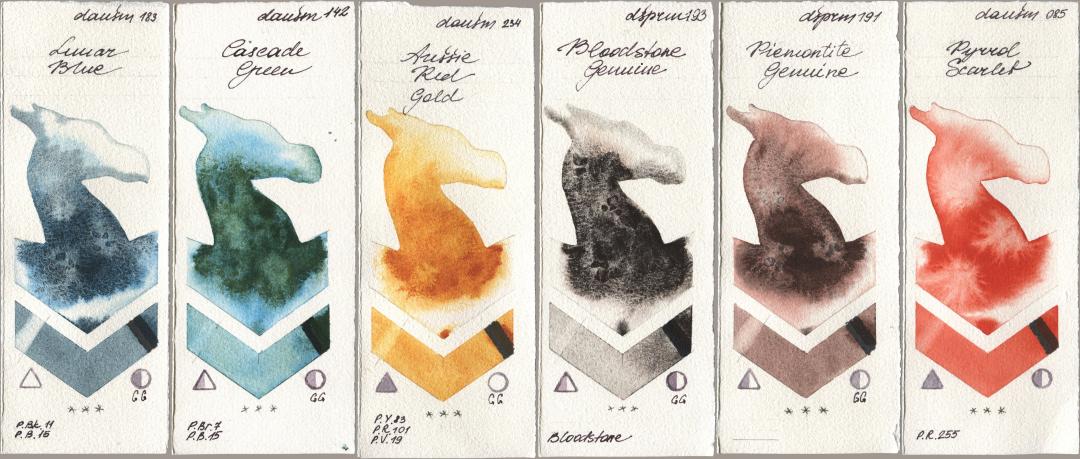 Daniel Smith 183 Lunar Blue, 142 Cascade Green, 234 Aussie Red Gold, 193 Bloodstone Genuine, 191 Piemontite Genuine, 085 Pyrrol Scarl watercolor swatch