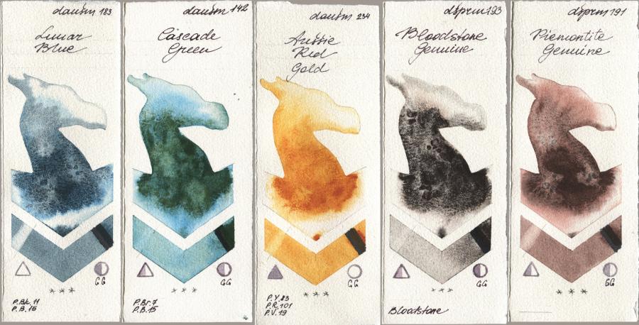 Daniel Smith 183 Lunar Blue, 142 Cascade Green, 234 Aussie Red Gold, 193 Bloodstone Genuine, 191 Piemontite Genui watercolor swatch