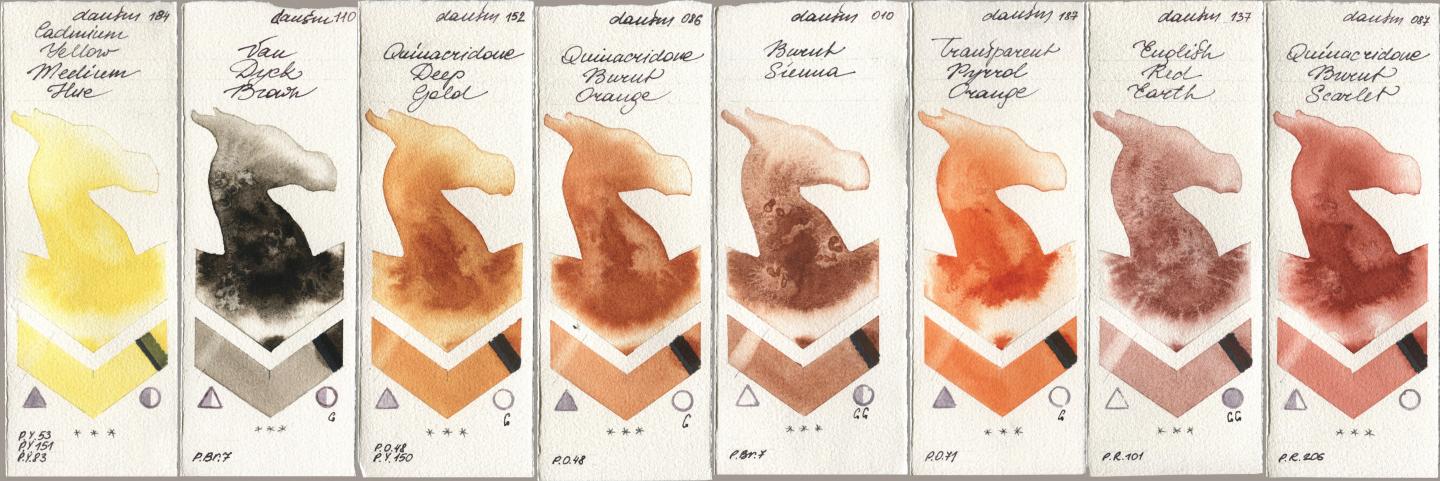 Daniel Smith 184 Cadmium Yellow Medium Hue, 110 Van Dyck Brown, 152 Quinacridone Deep Gold, 086 Quinacridone Burnt Orange, 010 Burnt Sienna, 187 Transparent Pyrrol Orange, 137 English Red Earth, 087 Quinacridone Burnt Scarl watercolor swatch