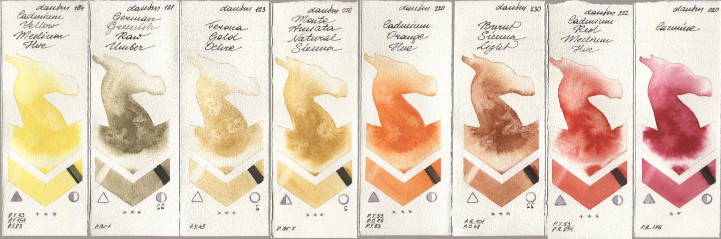 Daniel Smith 184 Cadmium Yellow Medium Hue, 121 German Greenish Raw Umber, 123 Verona Gold Ochre, 056 Monte Amiata Natural Sienna, 220 Cadmium Orange Hue, 230 Burnt Sienna Light, 222 Cadmium Red Medium Hue, 020 Carmi watercolor swatch