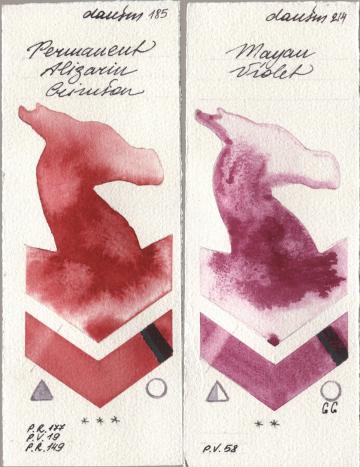 Daniel Smith 185 Permanent Alizarin Crimson, 214 Mayan Viol watercolor swatch