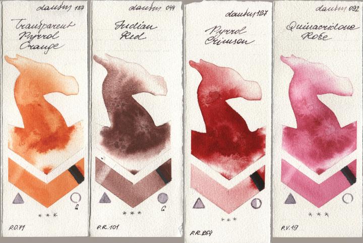 Daniel Smith 187 Transparent Pyrrol Orange, 044 Indian Red, 127 Pyrrol Crimson, 092 Quinacridone Ro watercolor swatch