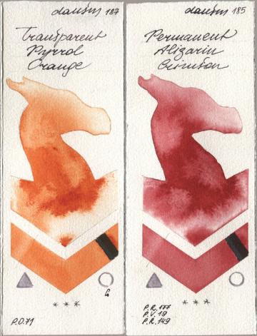 Daniel Smith 187 Transparent Pyrrol Orange, 185 Permanent Alizarin Crims watercolor swatch