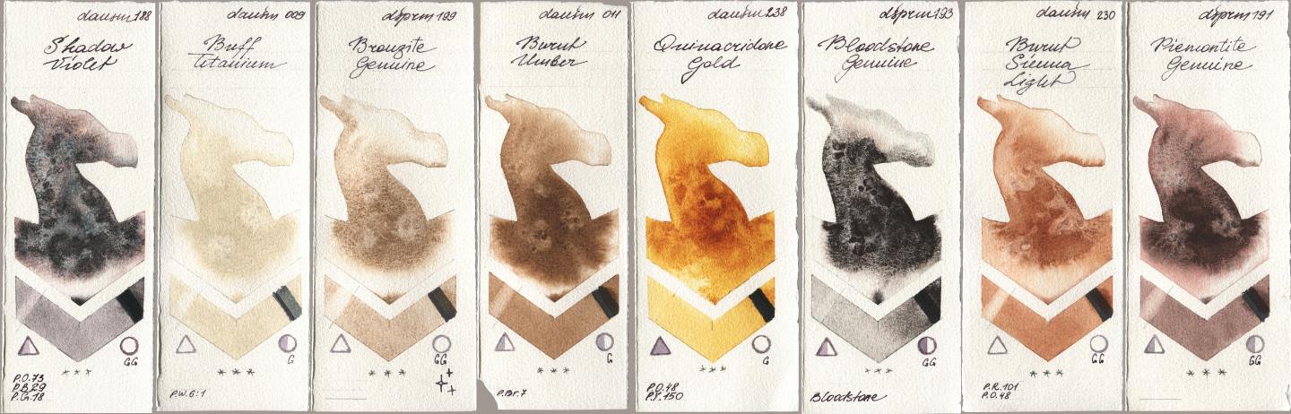 Daniel Smith 188 Shadow Violet, 009 Buff Titanium, 199 Bronzite Genuine, 011 Burnt Umber, 238 Quinacridone Gold, 193 Bloodstone Genuine, 230 Burnt Sienna Light, 191 Piemontite Genui watercolor swatch