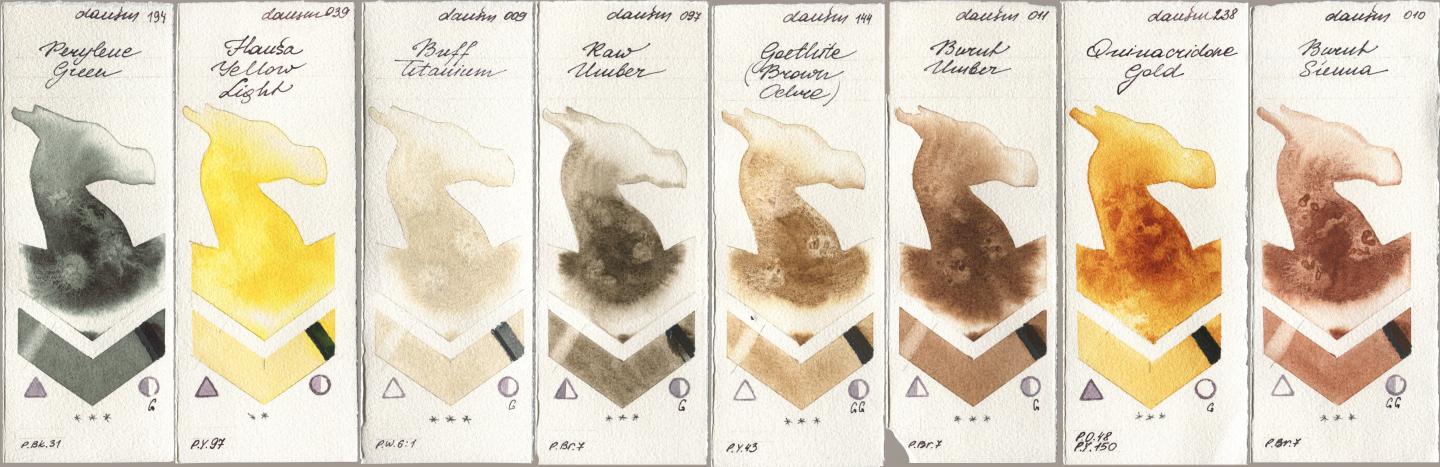 Daniel Smith 194 Perylene Green, 039 Hansa Yellow Light, 009 Buff Titanium, 097 Raw Umber, 144 Goethite (Brown Ochre), 011 Burnt Umber, 238 Quinacridone Gold, 010 Burnt Sien watercolor swatch