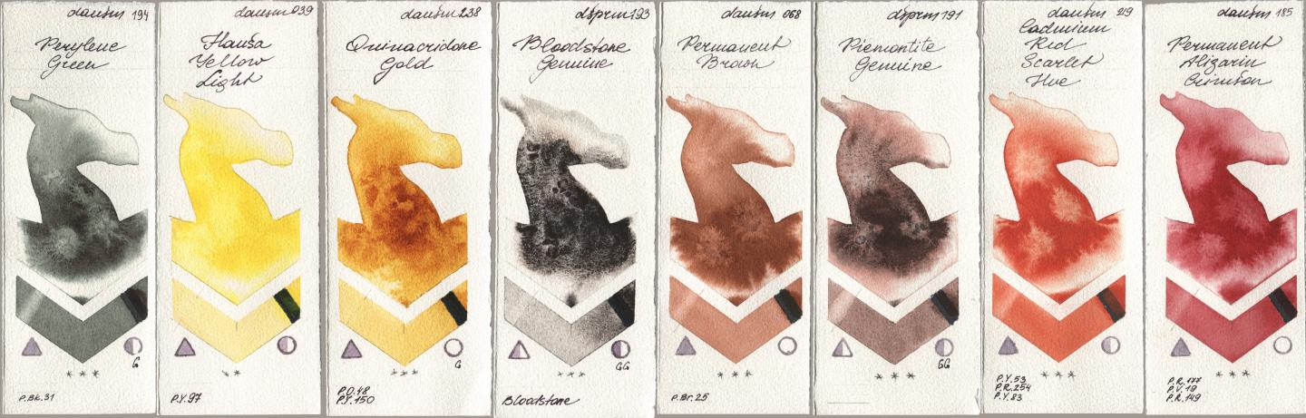 Daniel Smith 194 Perylene Green, 039 Hansa Yellow Light, 238 Quinacridone Gold, 193 Bloodstone Genuine, 068 Permanent Brown, 191 Piemontite Genuine, 219 Cadmium Red Scarlet Hue, 185 Permanent Alizarin Crims watercolor swatch