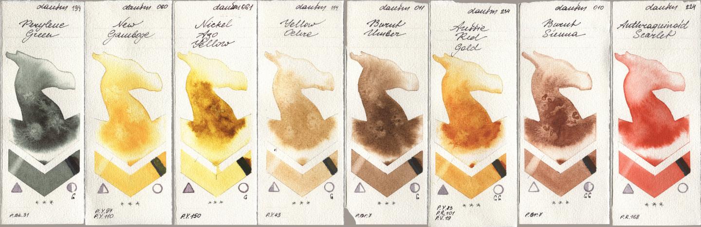 Daniel Smith 194 Perylene Green, 060 New Gamboge, 061 Nickel Azo Yellow, 114 Yellow Ochre, 011 Burnt Umber, 234 Aussie Red Gold, 010 Burnt Sienna, 224 Anthraquinoid Scarl watercolor swatch