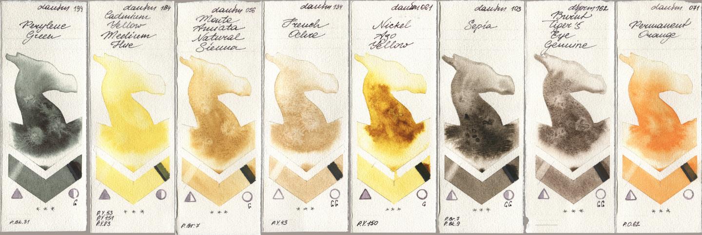 Daniel Smith 194 Perylene Green, 184 Cadmium Yellow Medium Hue, 056 Monte Amiata Natural Sienna, 134 French Ochre, 061 Nickel Azo Yellow, 103 Sepia, 162 Burnt Tigers Eye Genuine, 071 Permanent Oran watercolor swatch