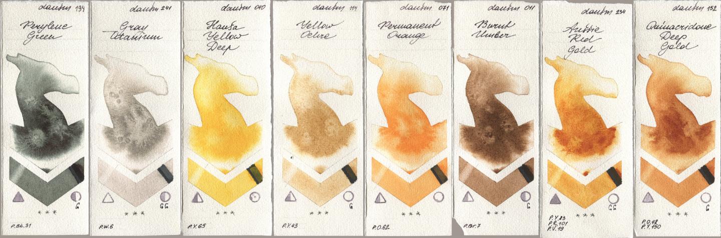 Daniel Smith 194 Perylene Green, 241 Gray Titanium, 040 Hansa Yellow Deep, 114 Yellow Ochre, 071 Permanent Orange, 011 Burnt Umber, 234 Aussie Red Gold, 152 Quinacridone Deep Go watercolor swatch