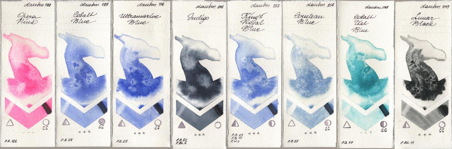 Daniel Smith 198 Opera Pink, 025 Cobalt Blue, 106 Ultramarine Blue, 046 Indigo, 252 King’s Royal Blue, 206 Cerulean Blue, 028 Cobalt Teal Blue, 049 Lunar Bla watercolor swatch