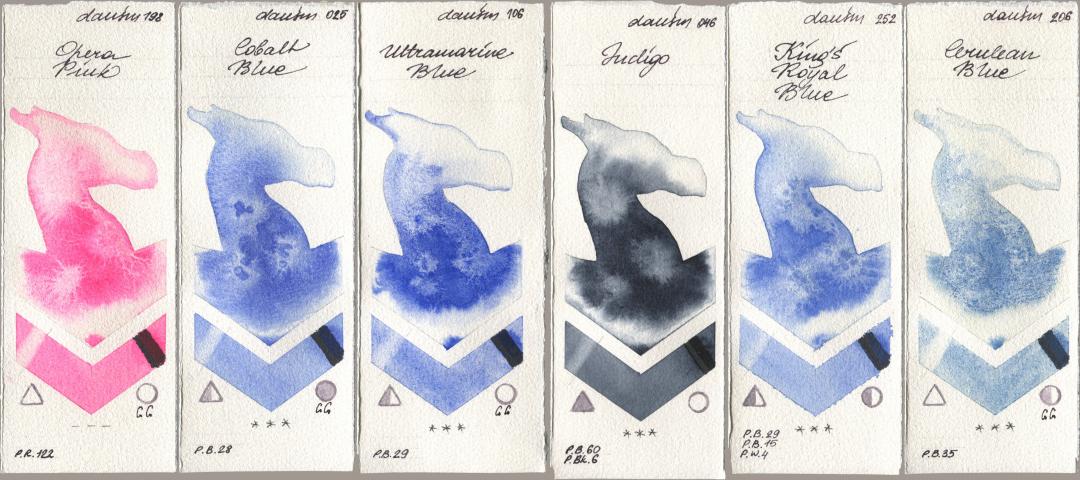 Daniel Smith 198 Opera Pink, 025 Cobalt Blue, 106 Ultramarine Blue, 046 Indigo, 252 King’s Royal Blue, 206 Cerulean Bl watercolor swatch