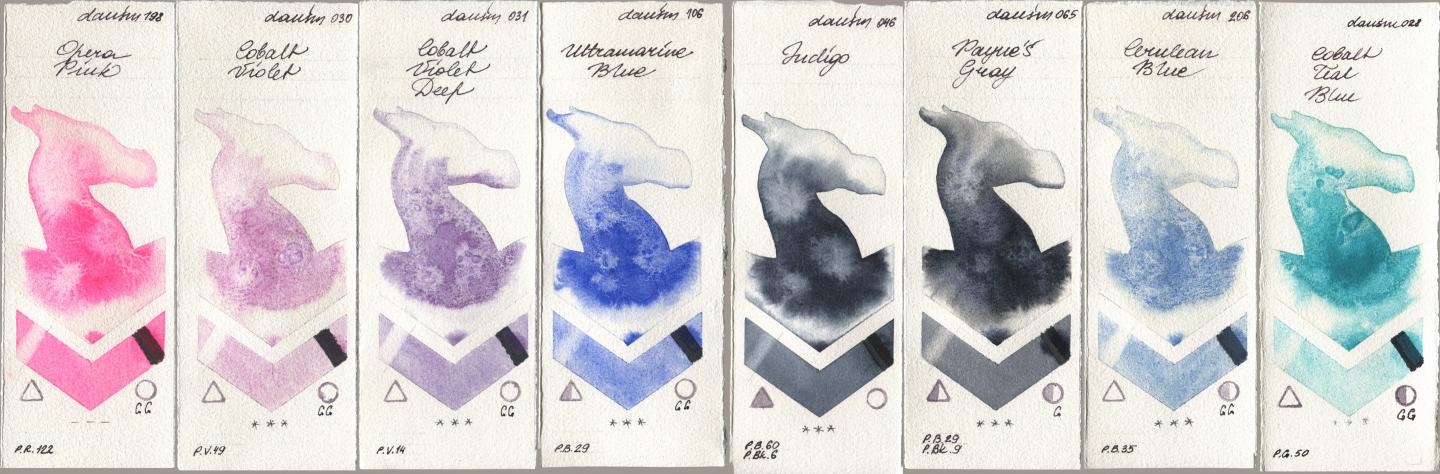Daniel Smith 198 Opera Pink, 030 Cobalt Violet, 031 Cobalt Violet Deep, 106 Ultramarine Blue, 046 Indigo, 065 Paynes Gray, 206 Cerulean Blue, 028 Cobalt Teal Bl watercolor swatch