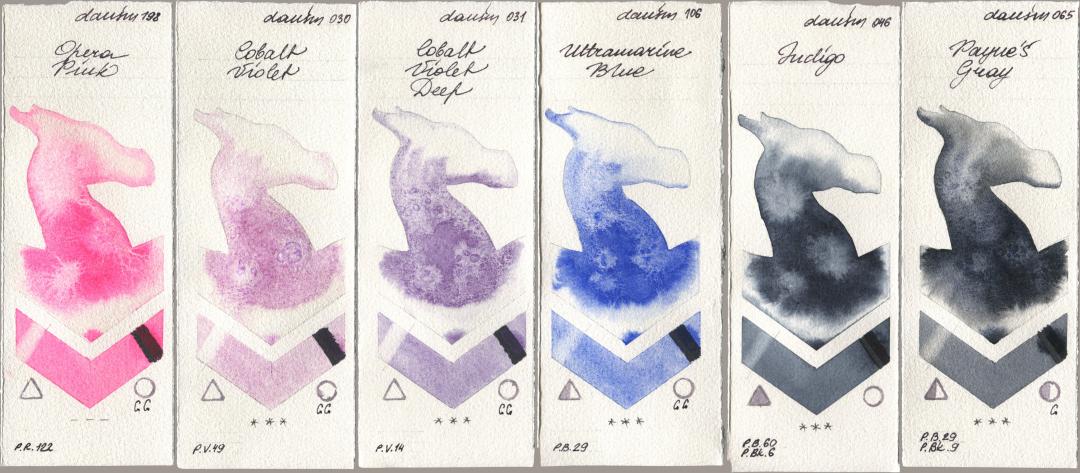 Daniel Smith 198 Opera Pink, 030 Cobalt Violet, 031 Cobalt Violet Deep, 106 Ultramarine Blue, 046 Indigo, 065 Paynes Gr watercolor swatch