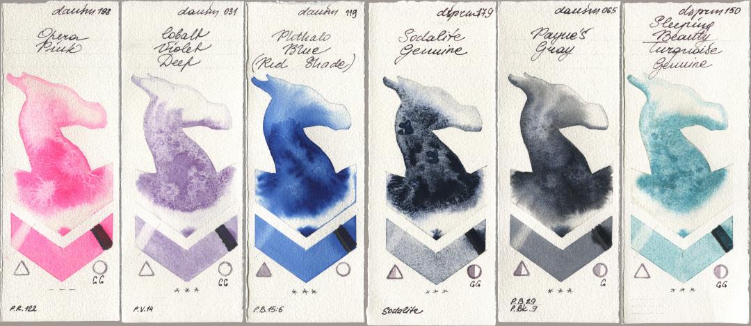 Daniel Smith 198 Opera Pink, 031 Cobalt Violet Deep, 119 Phthalo Blue (Red Shade), 179 Sodalite Genuine, 065 Paynes Gray, 150 Sleeping Beauty Turquoise Genui watercolor swatch
