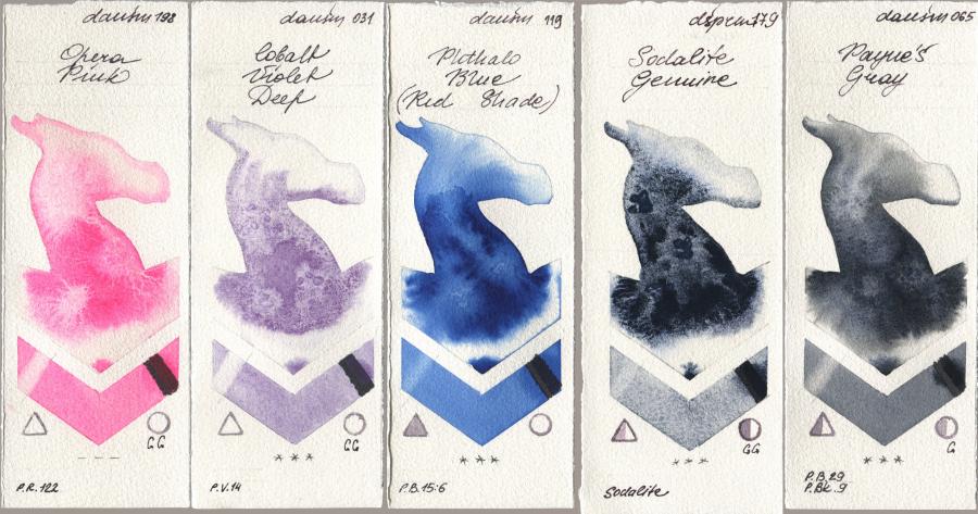 Daniel Smith 198 Opera Pink, 031 Cobalt Violet Deep, 119 Phthalo Blue (Red Shade), 179 Sodalite Genuine, 065 Paynes Gr watercolor swatch