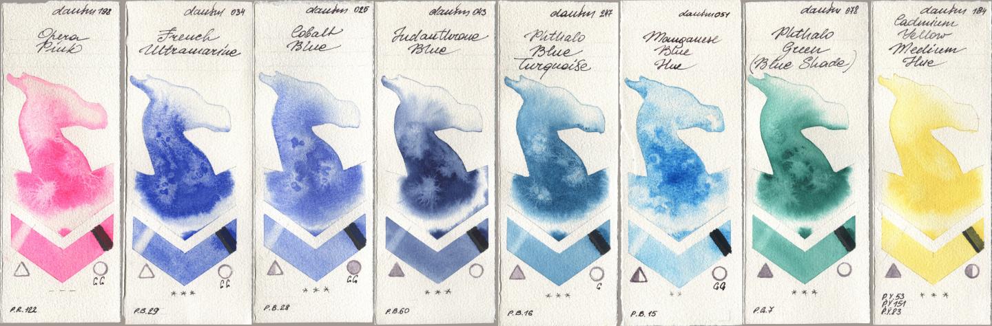 Daniel Smith 198 Opera Pink, 034 French Ultramarine, 025 Cobalt Blue, 043 Indanthrone Blue, 247 Phthalo Blue Turquoise, 051 Manganese Blue Hue, 078 Phthalo Green (Blue Shade), 184 Cadmium Yellow Medium H watercolor swatch