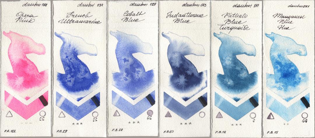 Daniel Smith 198 Opera Pink, 034 French Ultramarine, 025 Cobalt Blue, 043 Indanthrone Blue, 247 Phthalo Blue Turquoise, 051 Manganese Blue H watercolor swatch