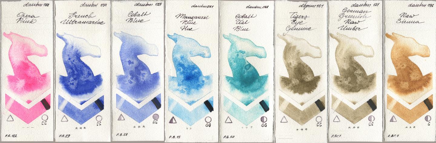 Daniel Smith 198 Opera Pink, 034 French Ultramarine, 025 Cobalt Blue, 051 Manganese Blue Hue, 028 Cobalt Teal Blue, 161 Tigers Eye Genuine, 121 German Greenish Raw Umber, 096 Raw Sien watercolor swatch