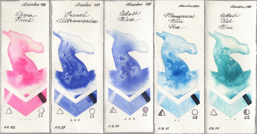 Daniel Smith 198 Opera Pink, 034 French Ultramarine, 025 Cobalt Blue, 051 Manganese Blue Hue, 028 Cobalt Teal Bl watercolor swatch
