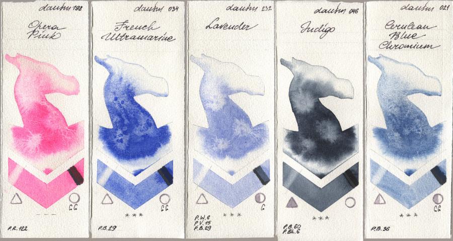 Daniel Smith 198 Opera Pink, 034 French Ultramarine, 232 Lavender, 046 Indigo, 021 Cerulean Blue Chromi watercolor swatch