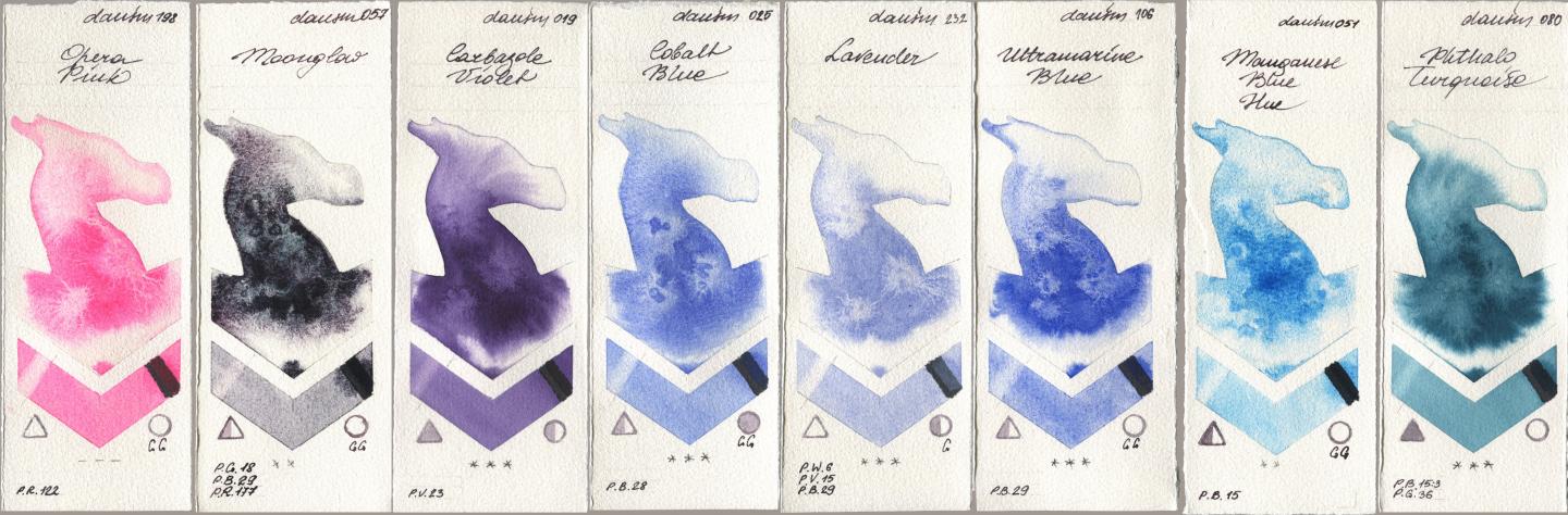 Daniel Smith 198 Opera Pink, 057 Moonglow, 019 Carbazole Violet, 025 Cobalt Blue, 232 Lavender, 106 Ultramarine Blue, 051 Manganese Blue Hue, 080 Phthalo Turquoi watercolor swatch