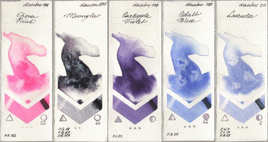 Daniel Smith 198 Opera Pink, 057 Moonglow, 019 Carbazole Violet, 025 Cobalt Blue, 232 Lavend watercolor swatch