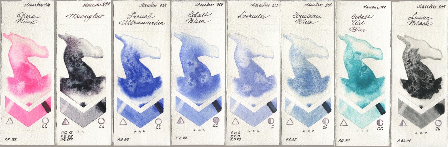 Daniel Smith 198 Opera Pink, 057 Moonglow, 034 French Ultramarine, 025 Cobalt Blue, 232 Lavender, 206 Cerulean Blue, 028 Cobalt Teal Blue, 049 Lunar Bla watercolor swatch