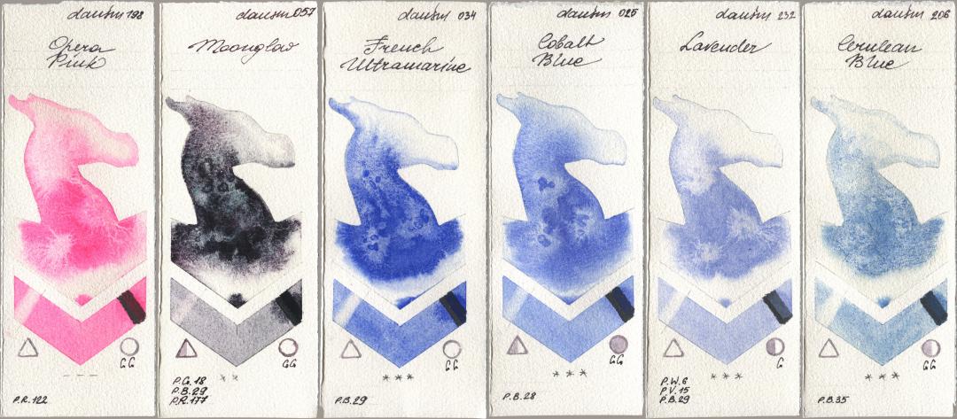 Daniel Smith 198 Opera Pink, 057 Moonglow, 034 French Ultramarine, 025 Cobalt Blue, 232 Lavender, 206 Cerulean Bl watercolor swatch