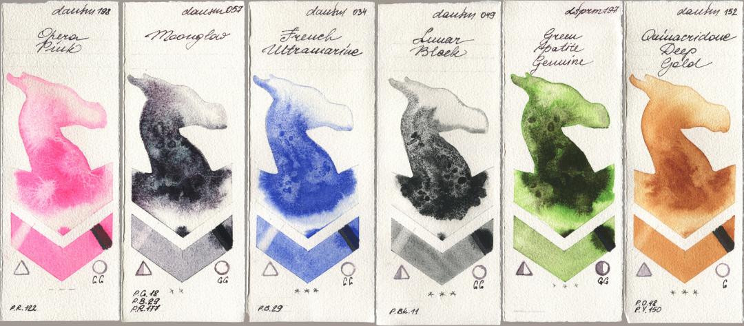 Daniel Smith 198 Opera Pink, 057 Moonglow, 034 French Ultramarine, 049 Lunar Black, 197 Green Apatite Genuine, 152 Quinacridone Deep Go watercolor swatch