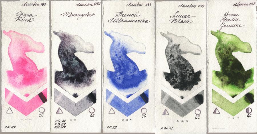 Daniel Smith 198 Opera Pink, 057 Moonglow, 034 French Ultramarine, 049 Lunar Black, 197 Green Apatite Genui watercolor swatch