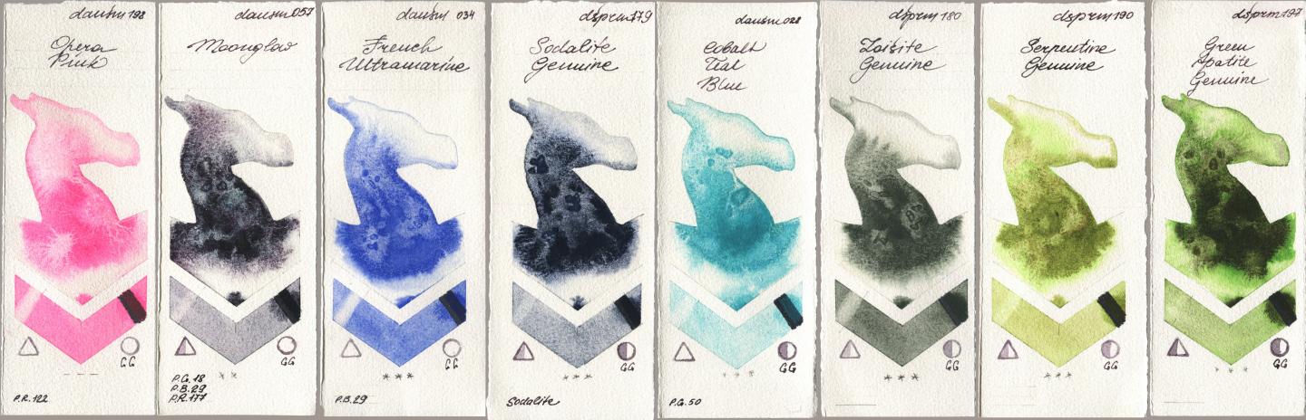 Daniel Smith 198 Opera Pink, 057 Moonglow, 034 French Ultramarine, 179 Sodalite Genuine, 028 Cobalt Teal Blue, 180 Zoisite Genuine, 190 Serpentine Genuine, 197 Green Apatite Genui watercolor swatch