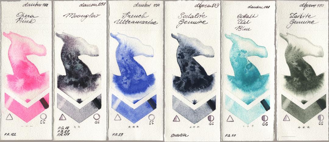 Daniel Smith 198 Opera Pink, 057 Moonglow, 034 French Ultramarine, 179 Sodalite Genuine, 028 Cobalt Teal Blue, 180 Zoisite Genui watercolor swatch