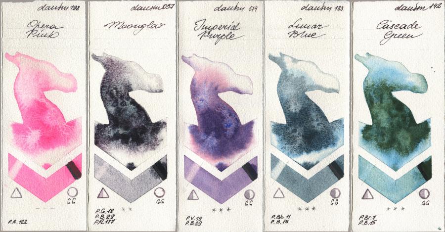 Daniel Smith 198 Opera Pink, 057 Moonglow, 174 Imperial Purple, 183 Lunar Blue, 142 Cascade Gre watercolor swatch