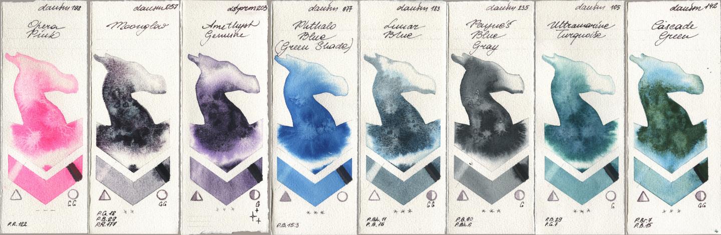 Daniel Smith 198 Opera Pink, 057 Moonglow, 203 Amethyst Genuine, 077 Phthalo Blue (Green Shade), 183 Lunar Blue, 235 Paynes Blue Gray, 105 Ultramarine Turquoise, 142 Cascade Gre watercolor swatch