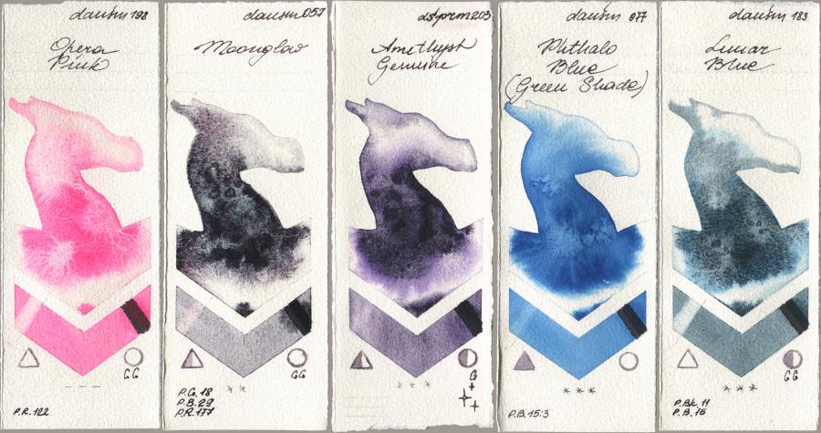 Daniel Smith 198 Opera Pink, 057 Moonglow, 203 Amethyst Genuine, 077 Phthalo Blue (Green Shade), 183 Lunar Bl watercolor swatch