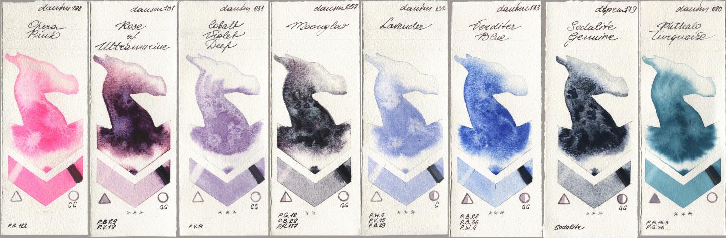 Daniel Smith 198 Opera Pink, 101 Rose of Ultramarine, 031 Cobalt Violet Deep, 057 Moonglow, 232 Lavender, 173 Verditer Blue, 179 Sodalite Genuine, 080 Phthalo Turquoi watercolor swatch
