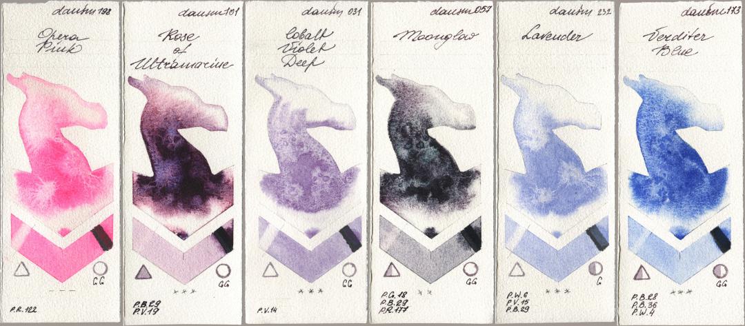 Daniel Smith 198 Opera Pink, 101 Rose of Ultramarine, 031 Cobalt Violet Deep, 057 Moonglow, 232 Lavender, 173 Verditer Bl watercolor swatch