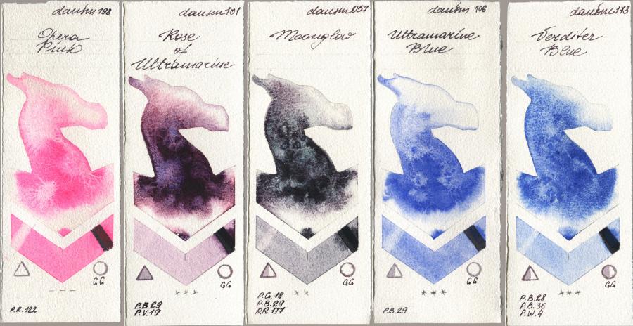 Daniel Smith 198 Opera Pink, 101 Rose of Ultramarine, 057 Moonglow, 106 Ultramarine Blue, 173 Verditer Bl watercolor swatch