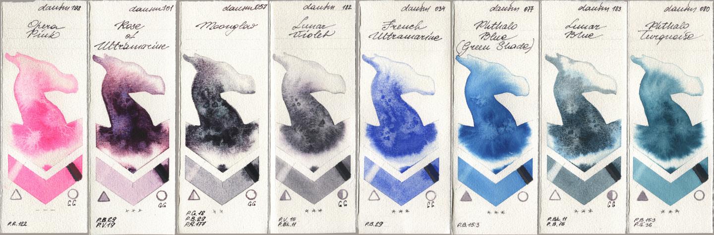 Daniel Smith 198 Opera Pink, 101 Rose of Ultramarine, 057 Moonglow, 182 Lunar Violet, 034 French Ultramarine, 077 Phthalo Blue (Green Shade), 183 Lunar Blue, 080 Phthalo Turquoi watercolor swatch