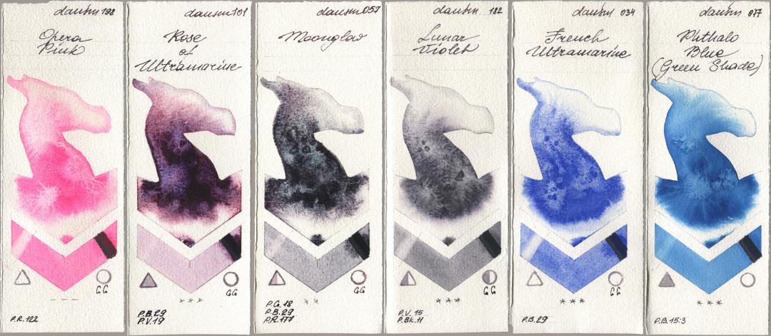 Daniel Smith 198 Opera Pink, 101 Rose of Ultramarine, 057 Moonglow, 182 Lunar Violet, 034 French Ultramarine, 077 Phthalo Blue (Green Shad watercolor swatch